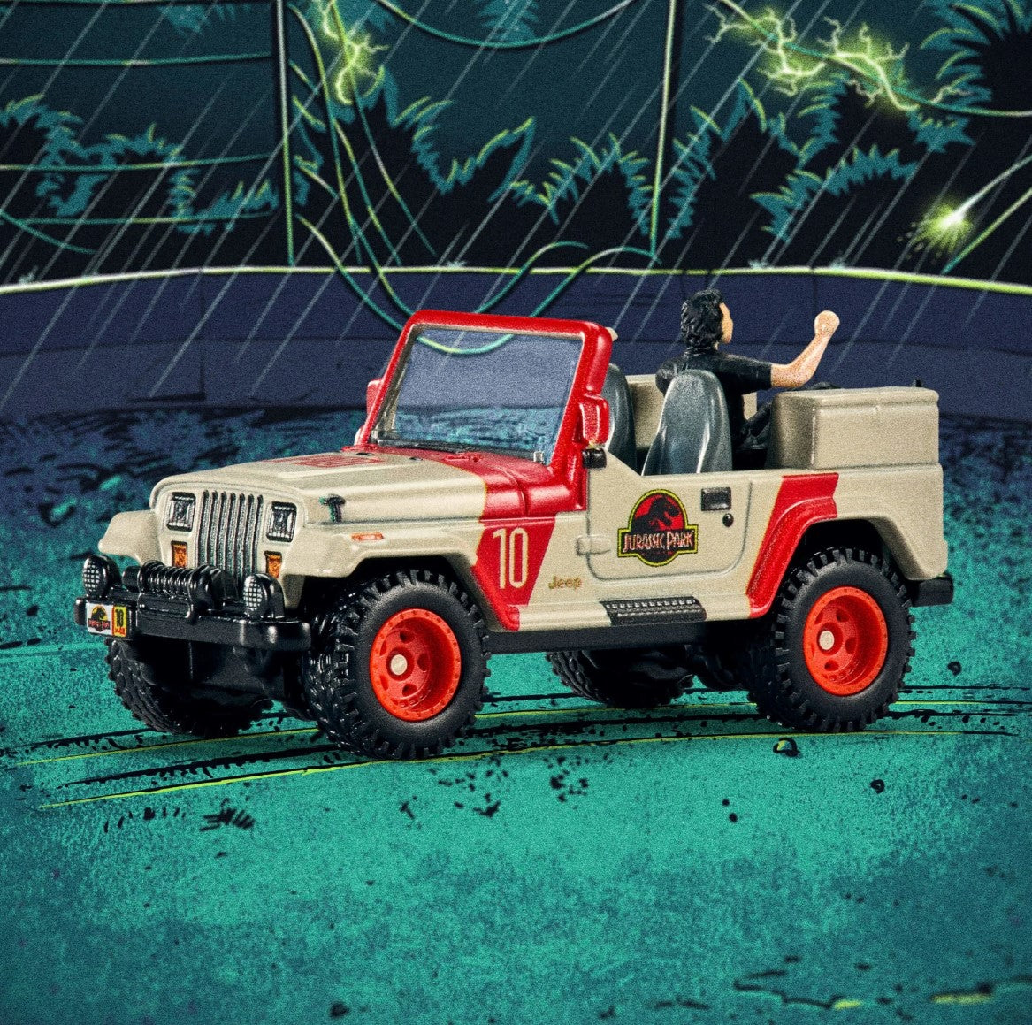 Hot Wheels Jurassic Park Jeep Wrangler & Dr. Ian Malcolm SDCC 2023